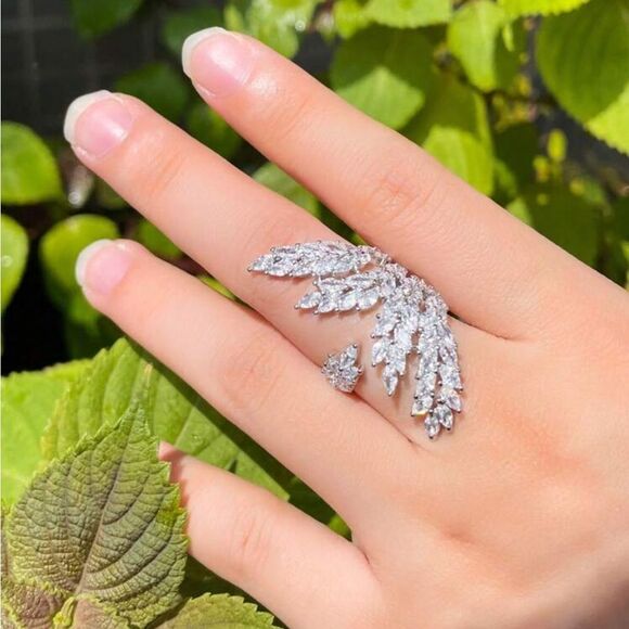 Leaf Shaped Cuff Ring With Shiny Cubic Zirconia Stones - Picture 2 of 9